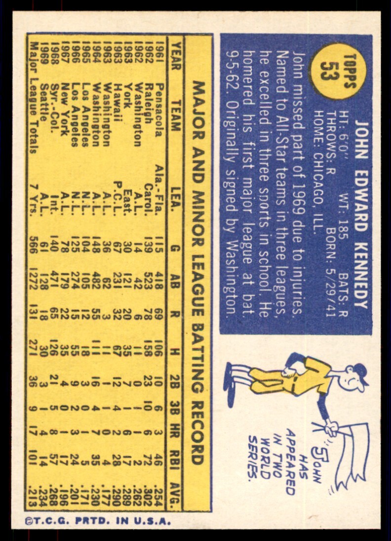 1970 Topps Baseball Card John Kennedy Seattle Pilots #53