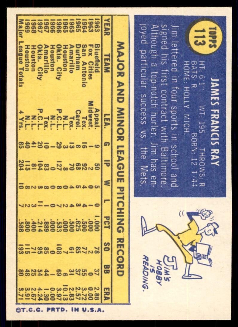 1970 Topps Baseball Card Jim Ray Houston Astros #113