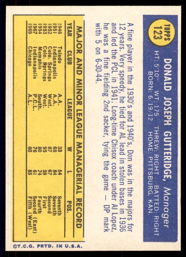 1970 Topps Baseball Card Don Gutteridge Chicago White Sox #123
