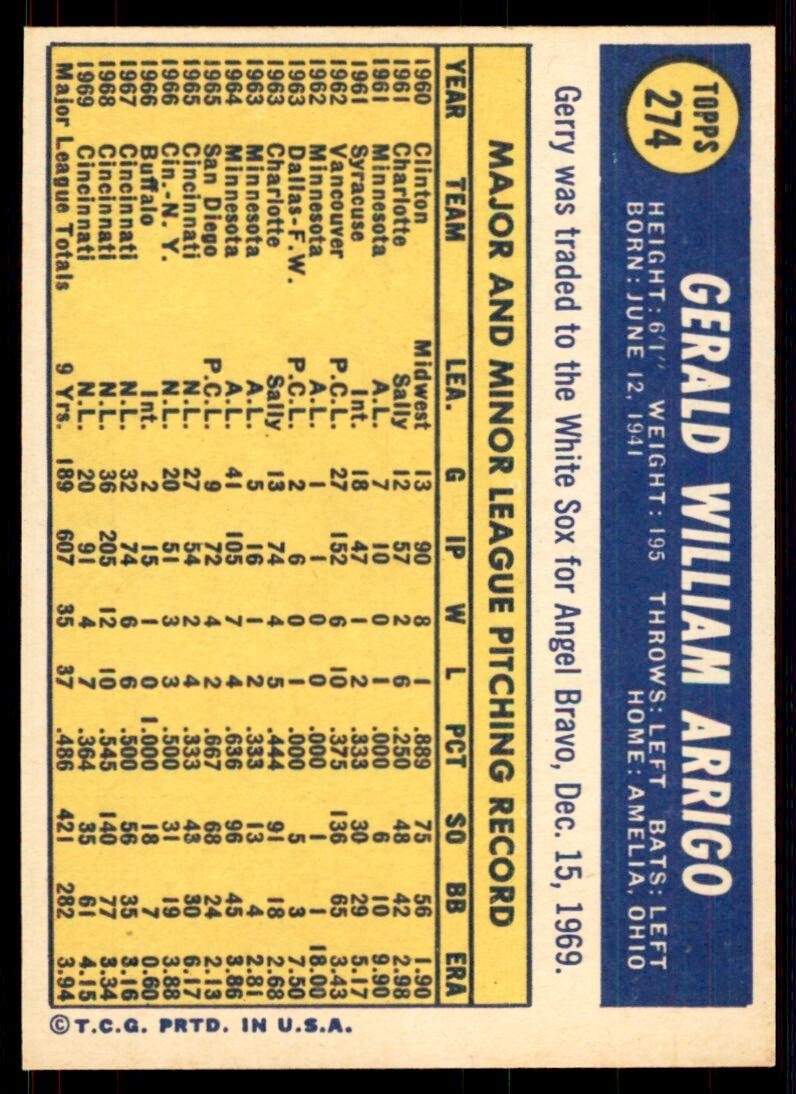 1970 Topps Baseball Card Gerry Arrigo Chicago White Sox #274