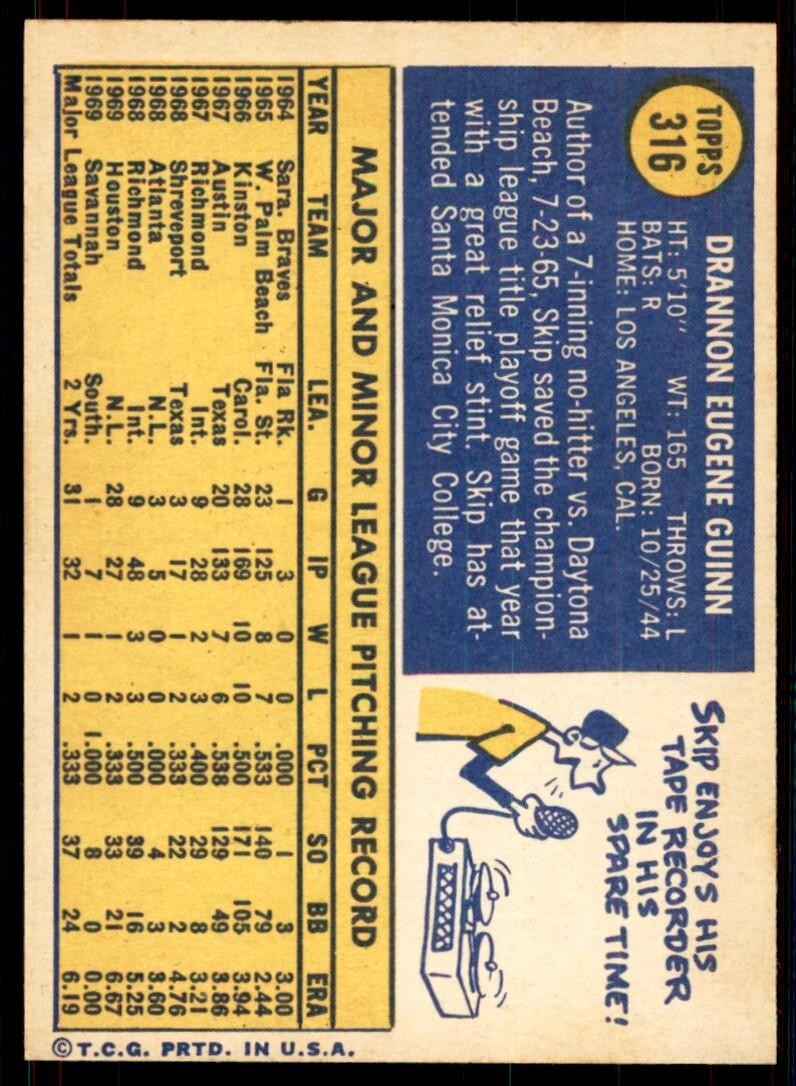 1970 Topps Baseball Card Skip Guinn Houston Astros #316
