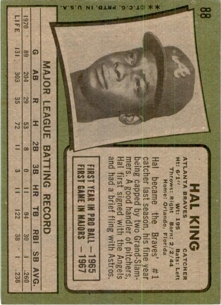 1971 Topps Baseball Card Hal King Atlanta Braves #88