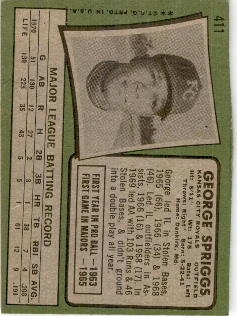 1971 Topps Baseball Card George Spriggs Kansas City Royals #411