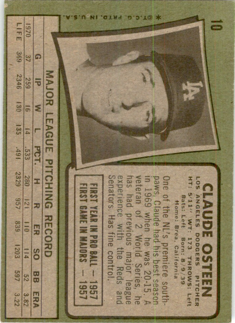 1971 Topps Baseball Card Claude Osteen A Los Angeles Dodgers #10