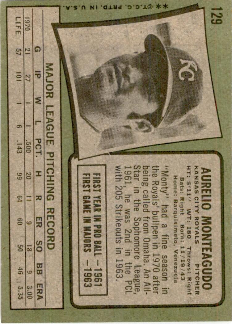 1971 Topps Baseball Card Aurelio Monteagudo Kansas City Royals #129