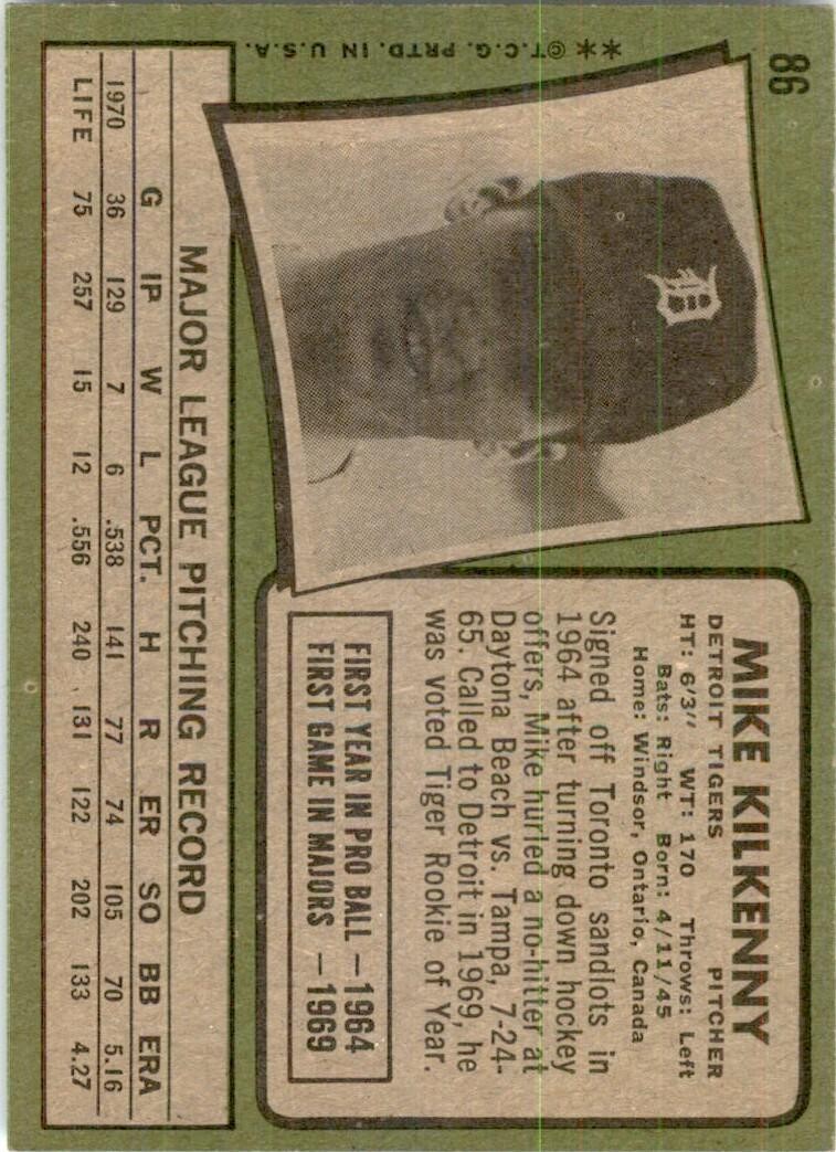 1971 Topps Baseball Card Mike Kilkenny A Detroit Tigers #86