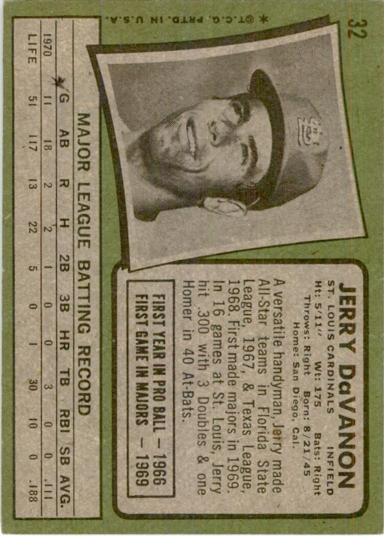 1971 Topps Baseball Card Jerry DaVanon St. Louis Cardinals #32