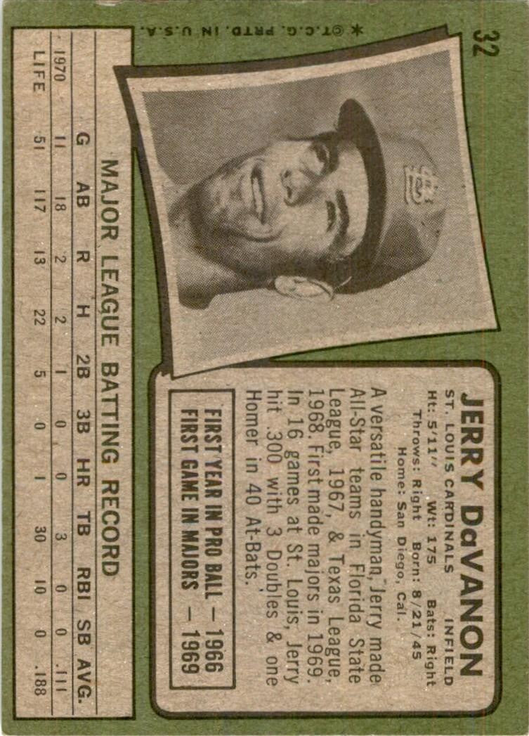 1971 Topps Baseball Card Jerry DaVanon B St. Louis Cardinals #32