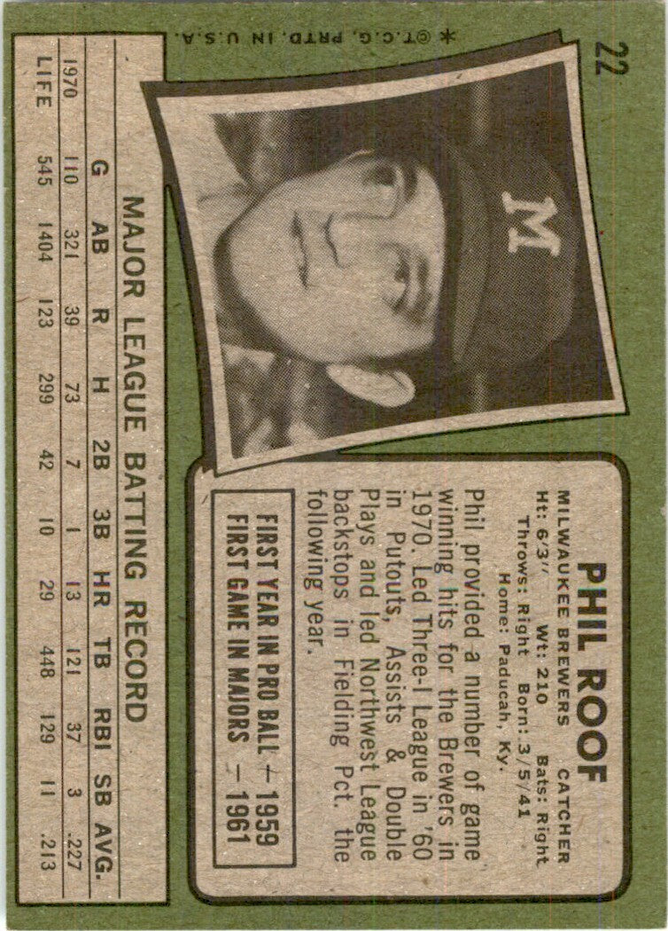 1971 Topps Baseball Card Phil Roof C Milwaukee Brewers #22