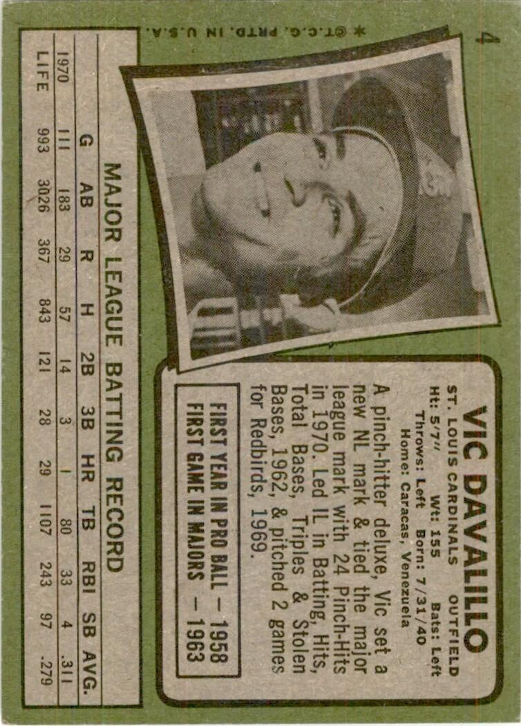 1971 Topps Baseball Card Vic Davalillo A St. Louis Cardinals #4