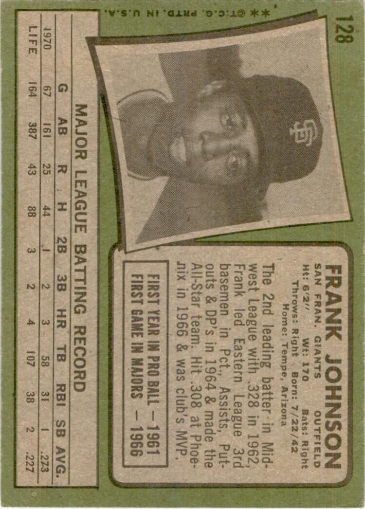 1971 Topps Baseball Card Frank Johnson D San Francisco Giants #128