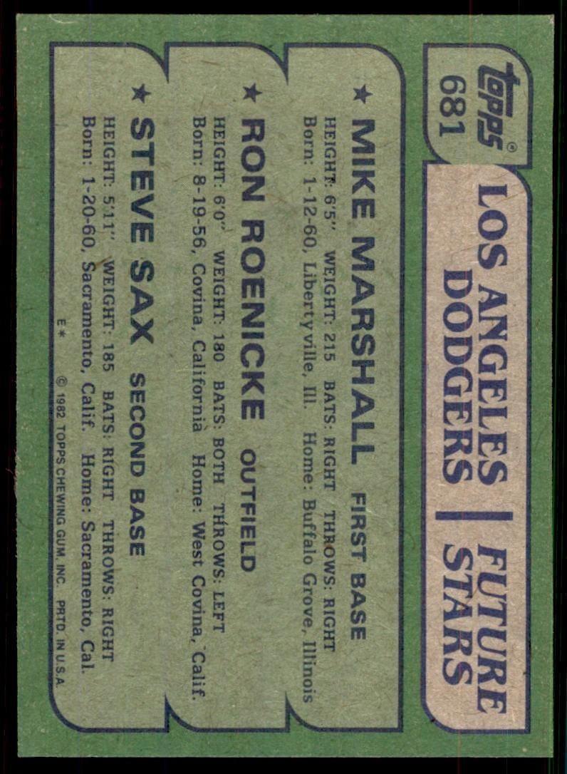 1982 Topps Dodgers Future Stars - Mike Marshall/Ron Roenicke/Steve Sax D