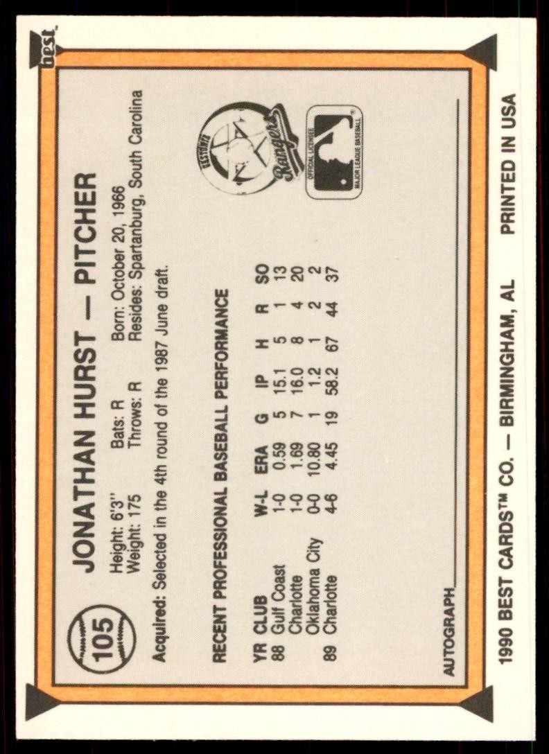1990 Best Jonathan Hurst Baseball Cards #105