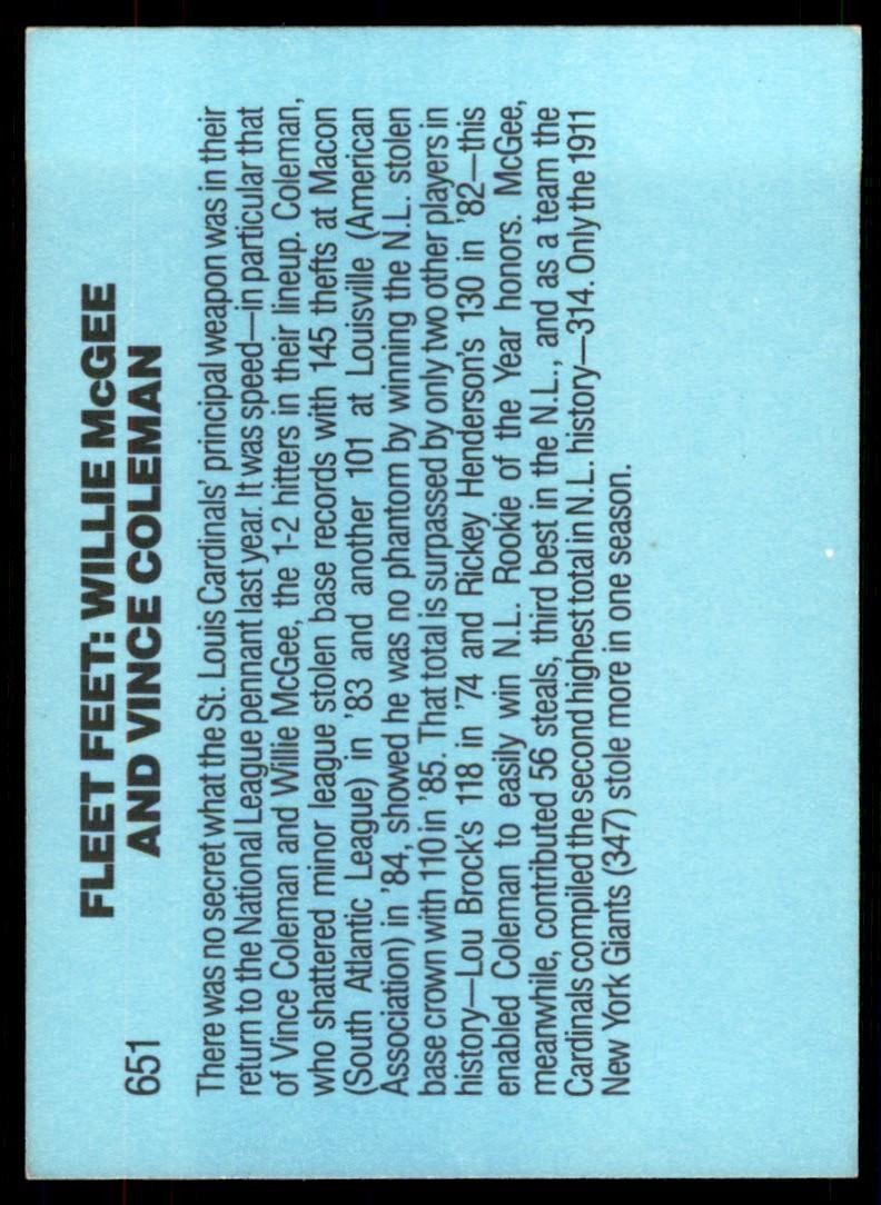 1986 Donruss Fleet Feet (Willie McGee/Vince Coleman) Baseball Cards #651