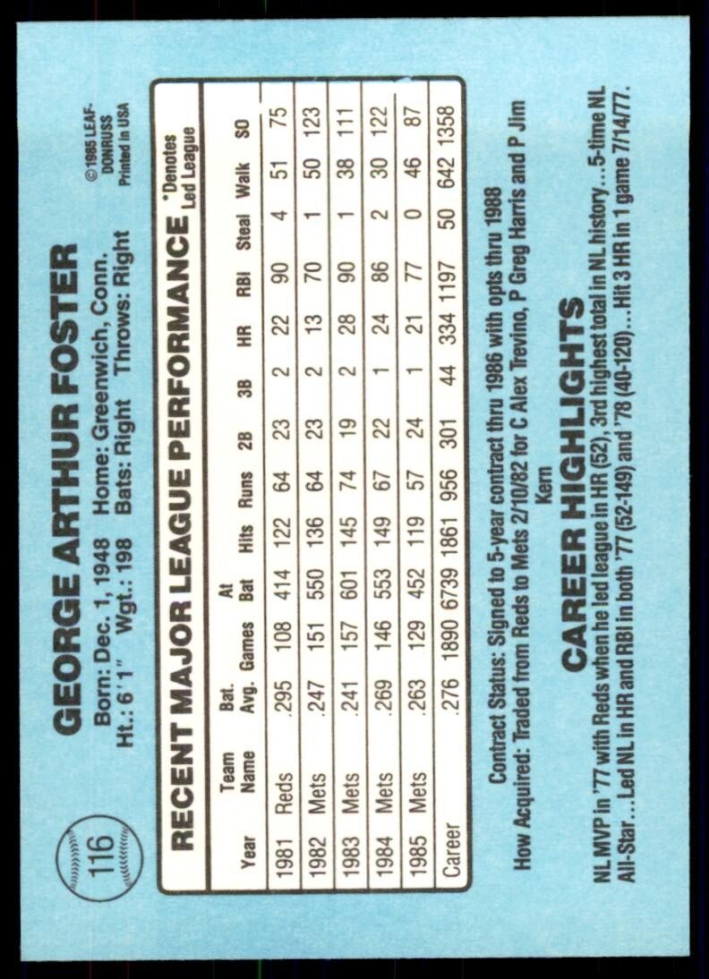 1986 Donruss George Foster Baseball Cards #116
