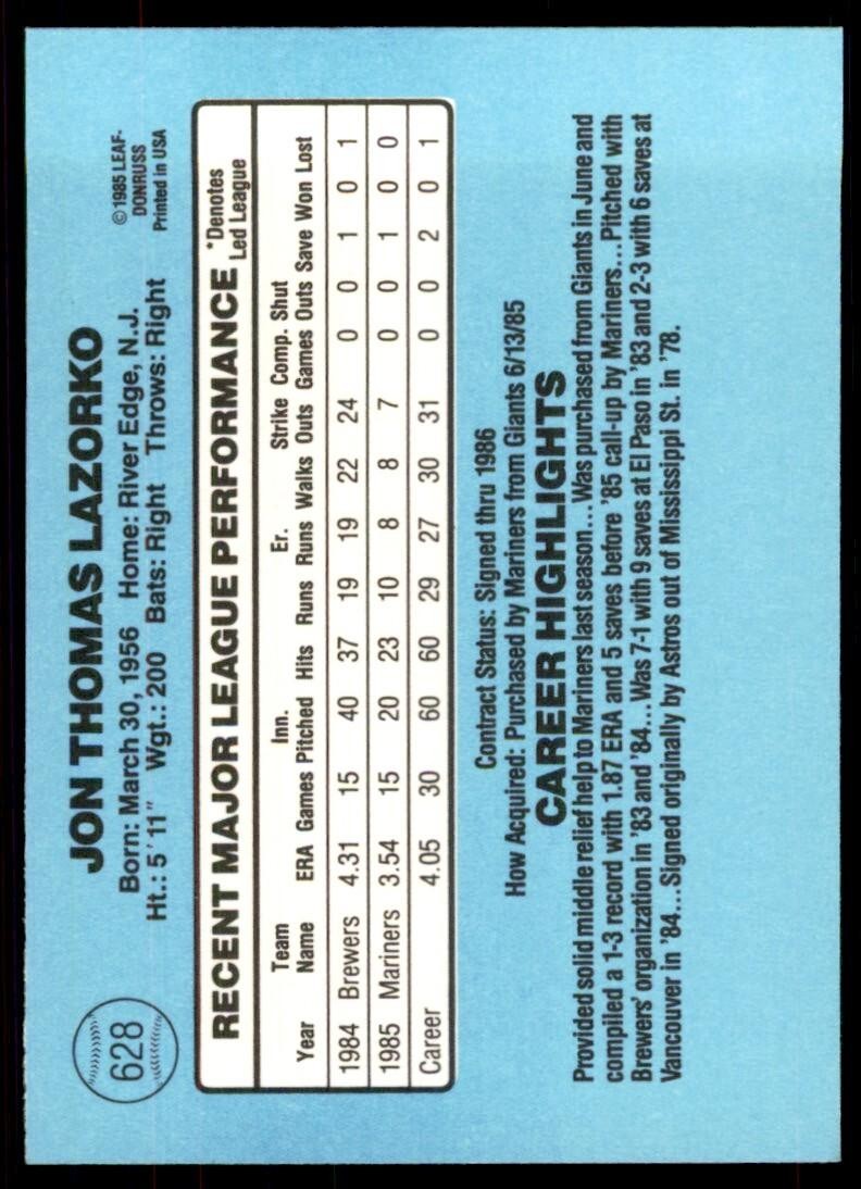 1986 Donruss Jack Lazorko Baseball Cards #628