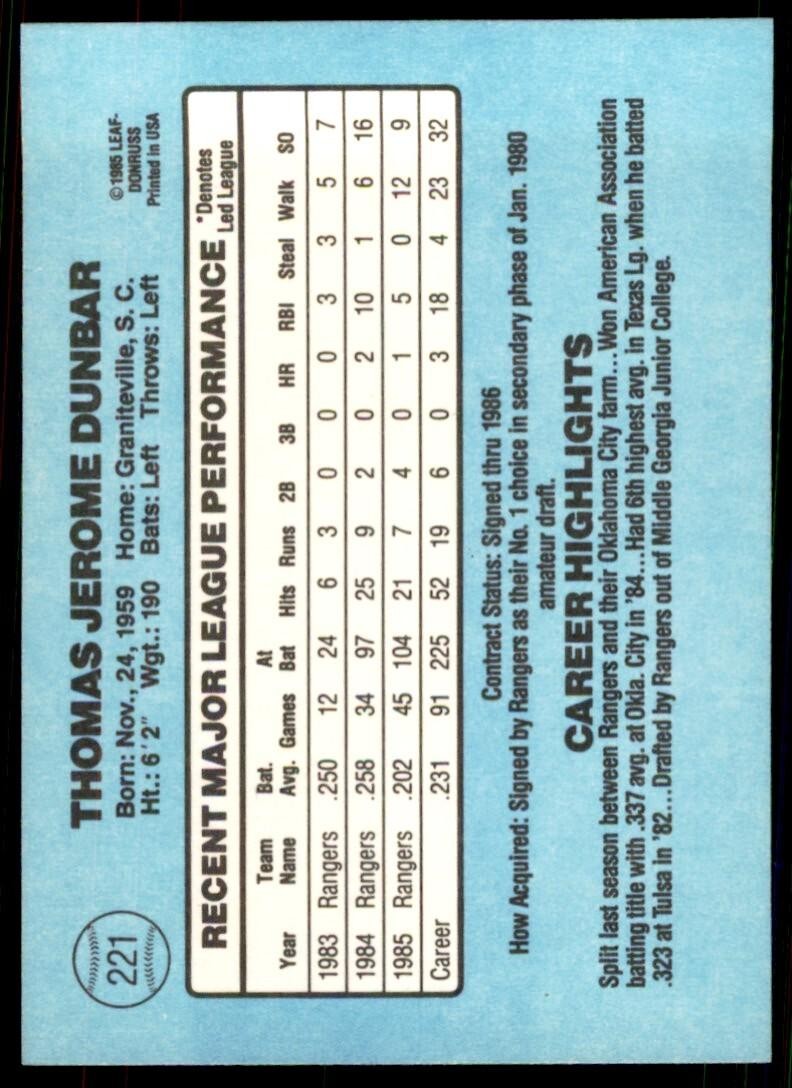 1986 Donruss Tommy Dunbar A Baseball Cards #221