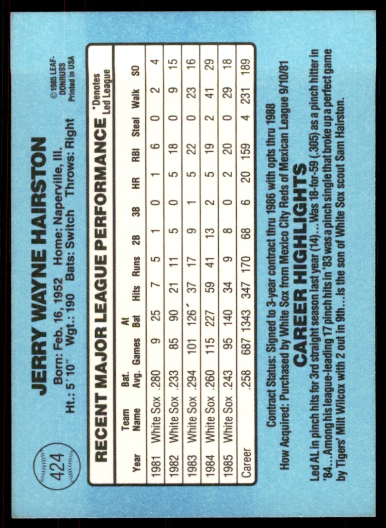 1986 Donruss Jerry Hairston A Baseball Cards #424