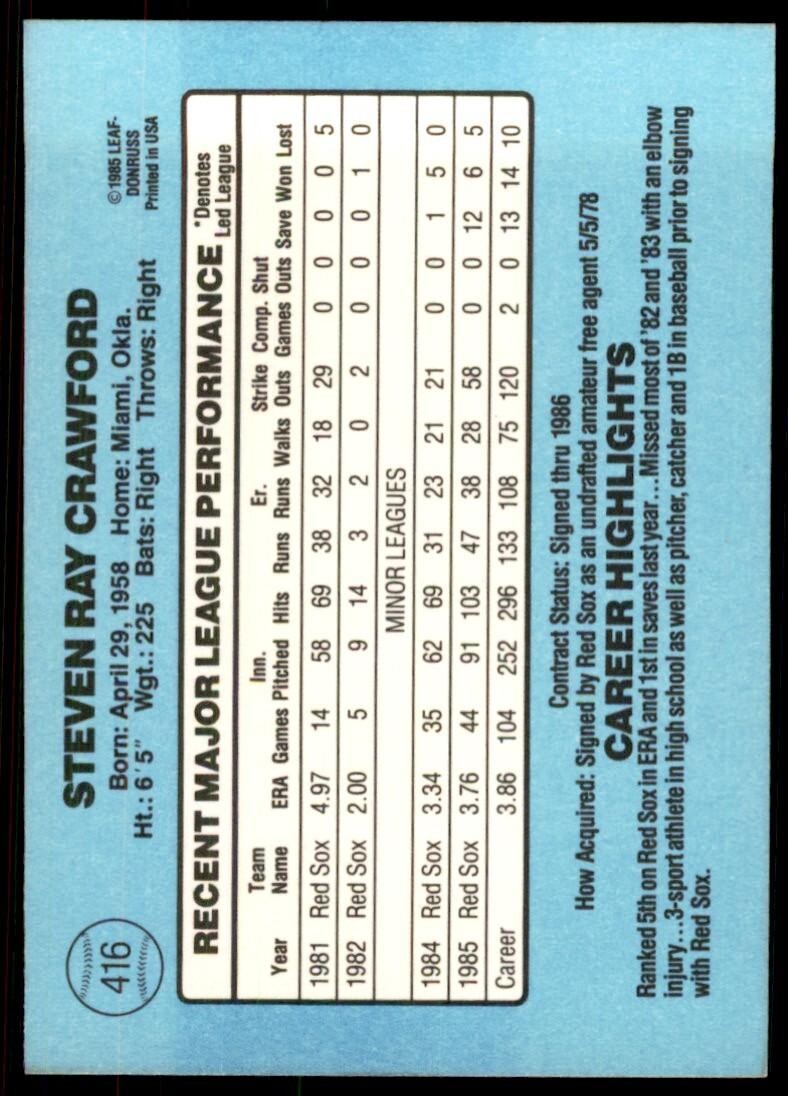 1986 Donruss Steve Crawford Baseball Cards #416