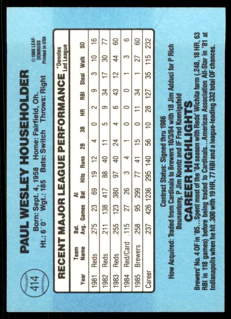1986 Donruss Paul Householder Baseball Cards #414