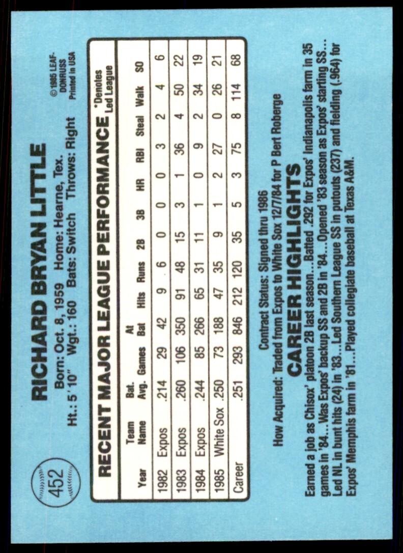 1986 Donruss Bryan Little Baseball Cards #452