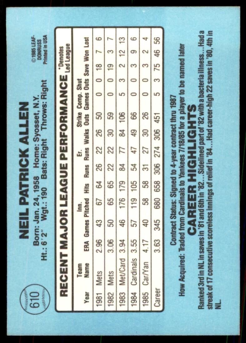 1986 Donruss Neil Allen B Baseball Cards #610