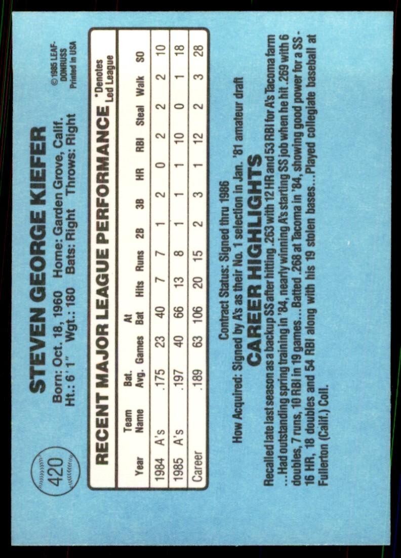 1986 Donruss Steve Kiefer C Baseball Cards #420