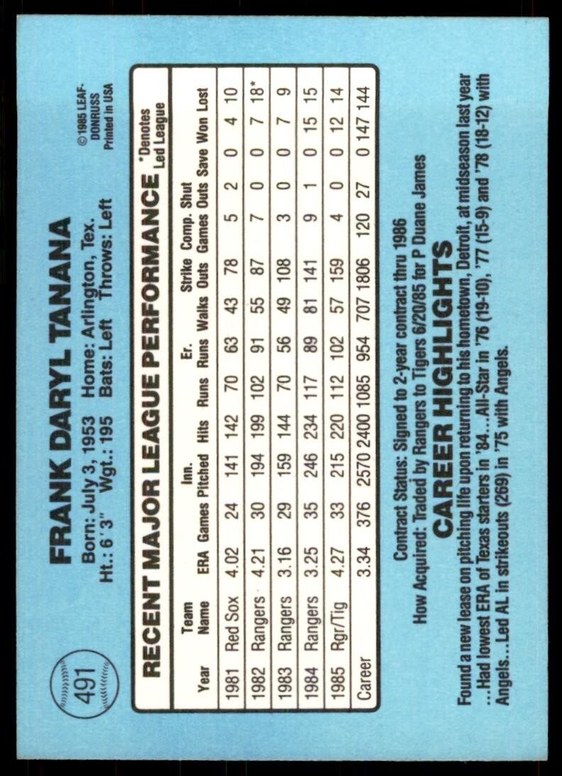 1986 Donruss Frank Tanana Baseball Cards #491
