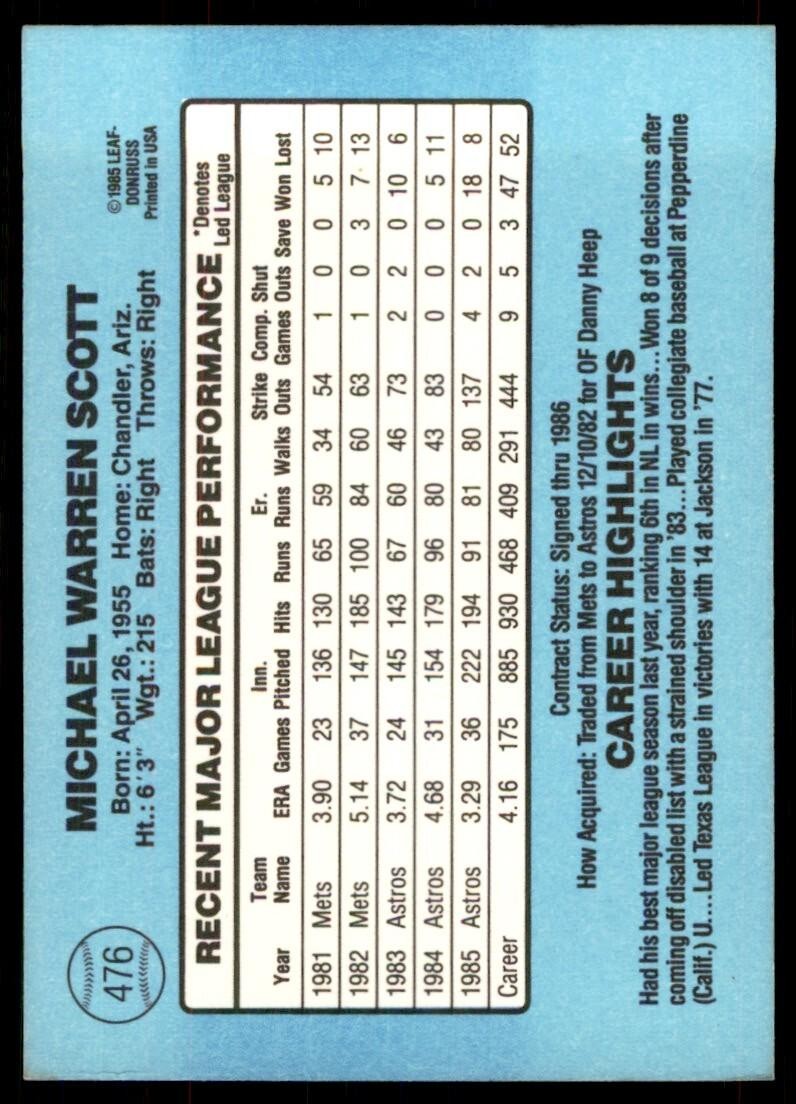 1986 Donruss Mike Scott C Baseball Cards #476