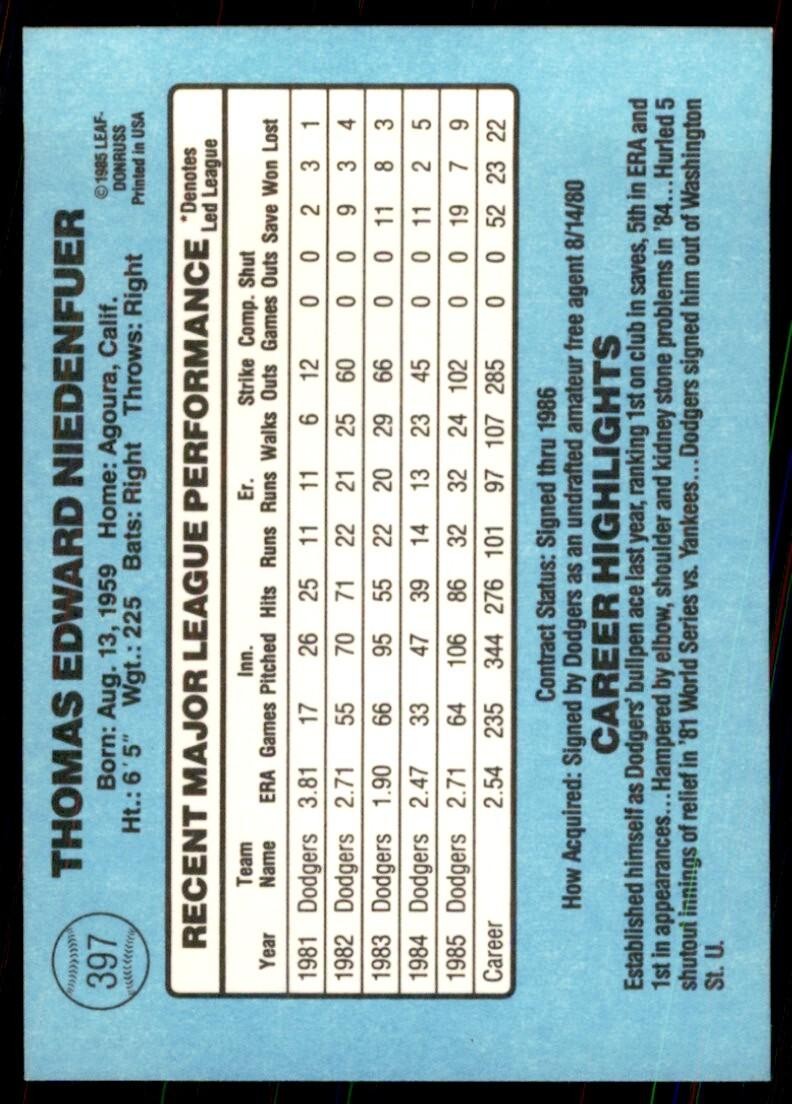 1986 Donruss Tom Niedenfuer A Baseball Cards #397