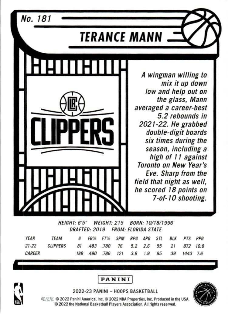 2022-23 Hoops Basketball Card Terance Mann #181