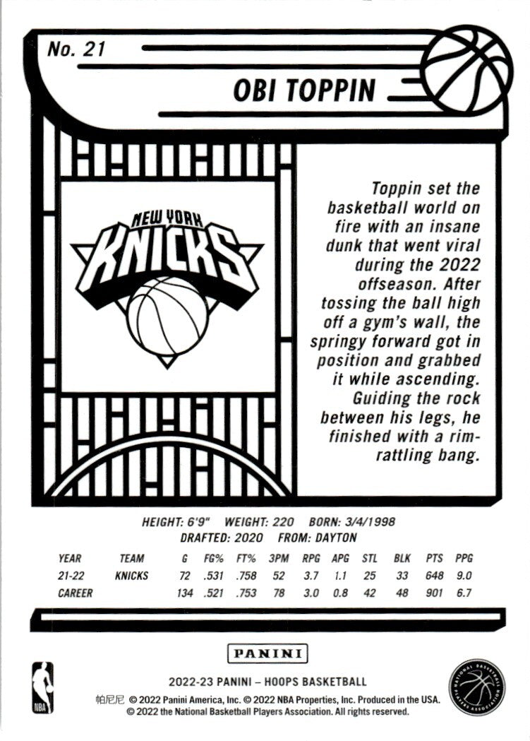 2022-23 Hoops Basketball Card Obi Toppin #21