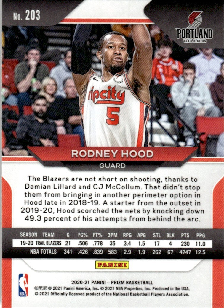 2020 Panini Prizm Basketball Card Rodney Hood #203