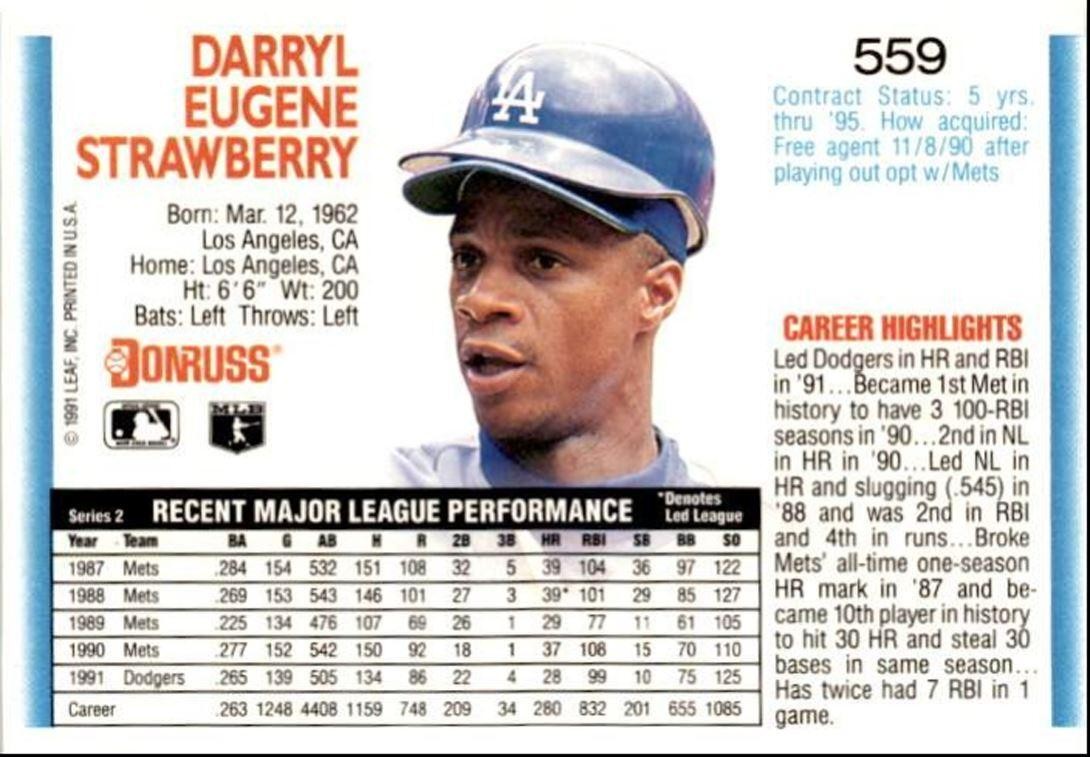 1992 Donruss Darryl Strawberry Los Angeles Dodgers #559