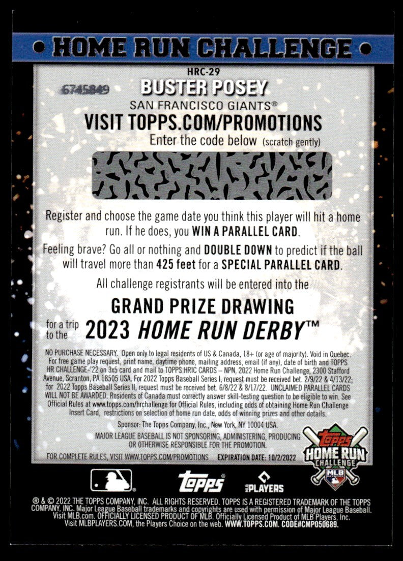 2022 Topps Baseball Card Buster Posey San Francisco Giants #HRC-29