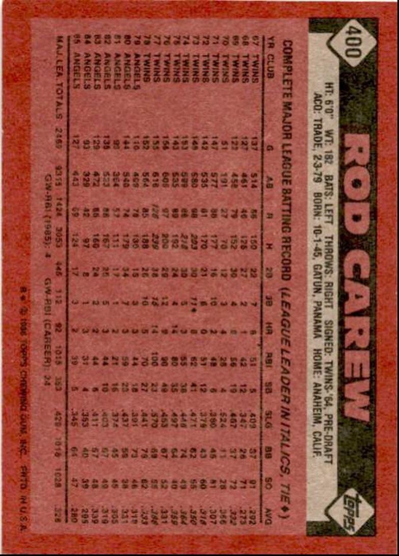 1986 Topps Rod Carew Hof California Angels #400