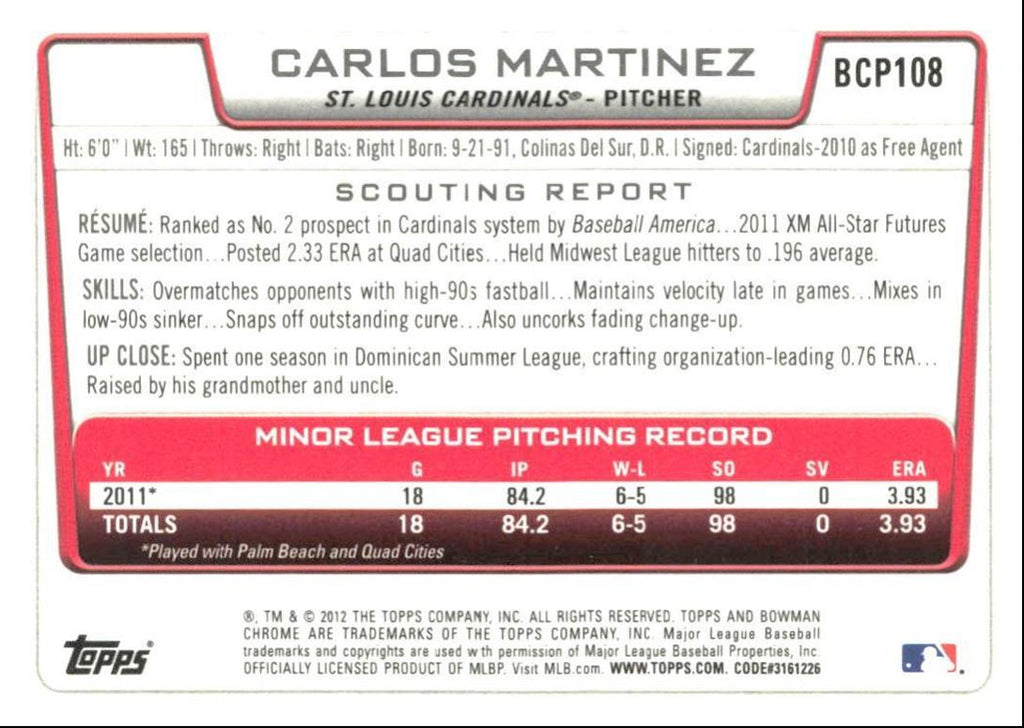 2012 Bowman Chrome Prospects Carlos Martinez St. Louis Cardinals #BCP108