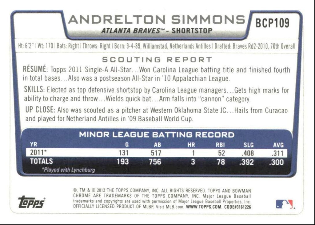 2012 Bowman Chrome Prospects Andrelton Simmons Atlanta Braves #BCP109