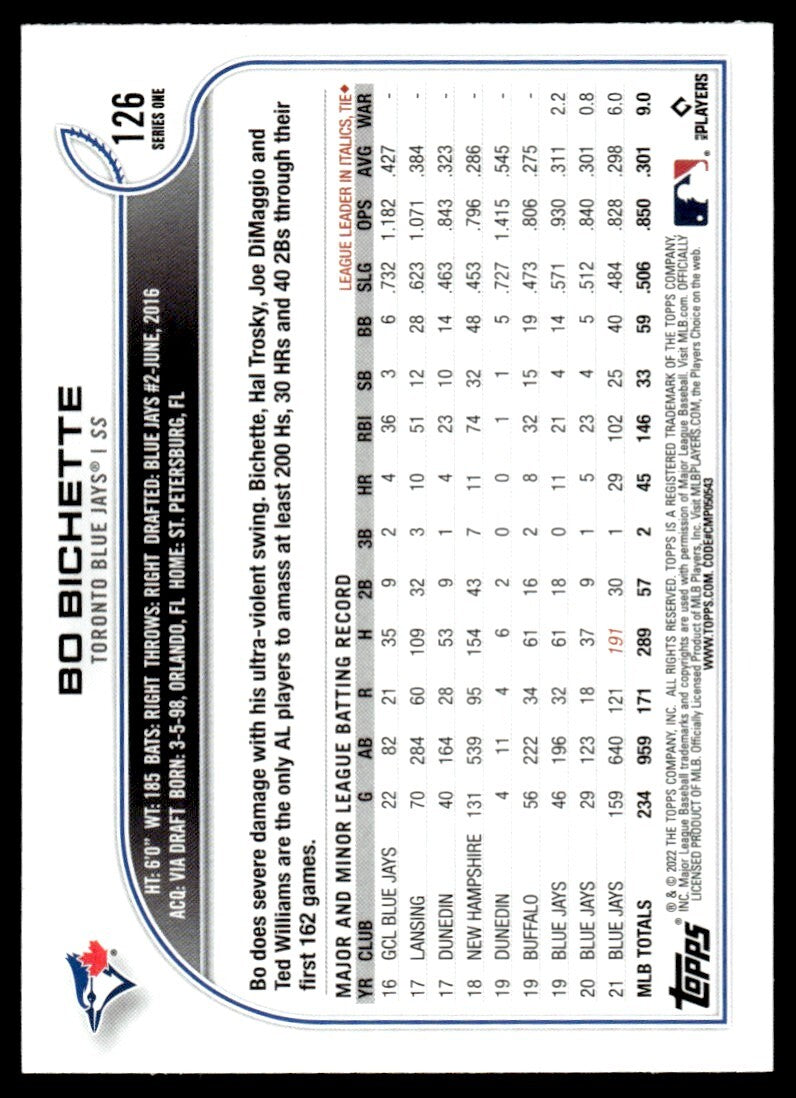 2022 Topps Baseball Card Bo Bichette Toronto Blue Jays #126