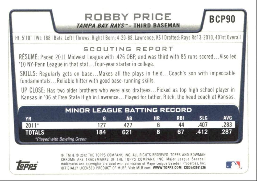 2012 Bowman Chrome Prospects Robby Price Tampa Bay Rays #BCP90