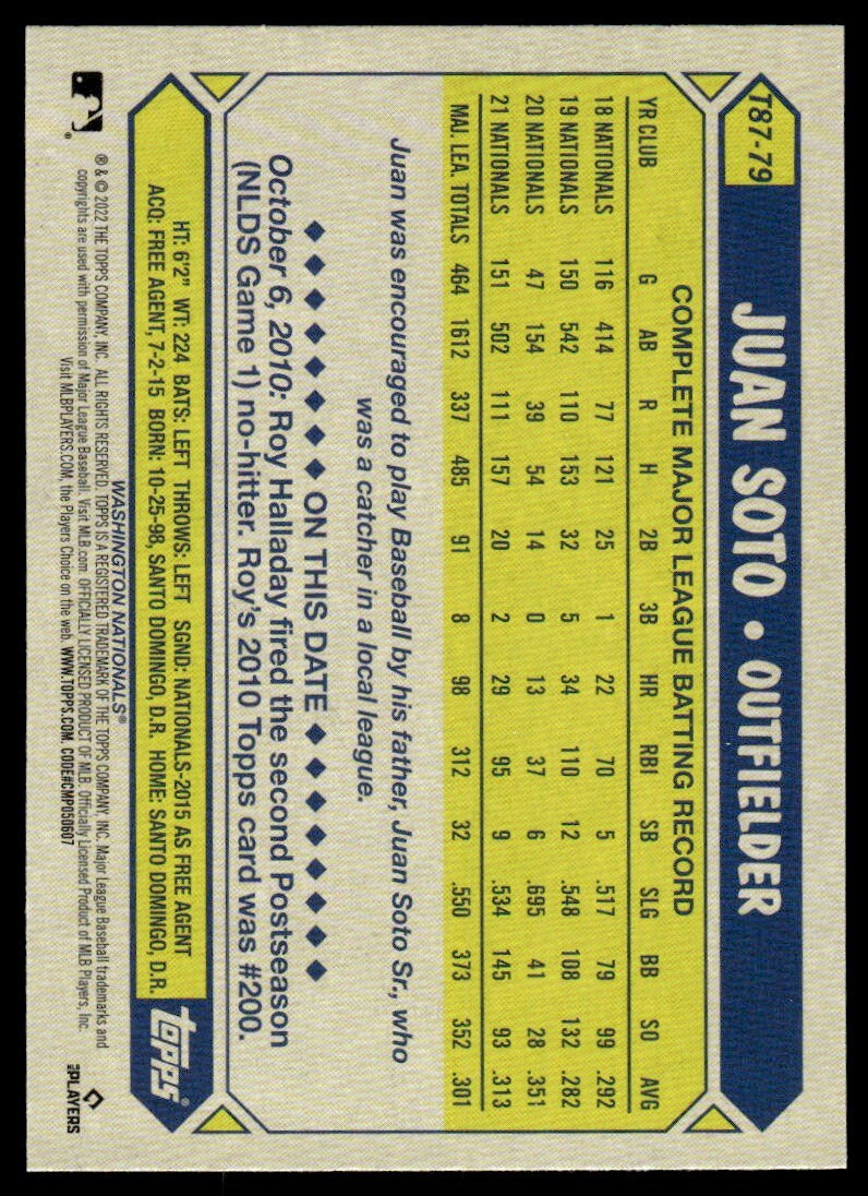 2022 Topps Baseball Card Juan Soto Washington Nationals #T87-79