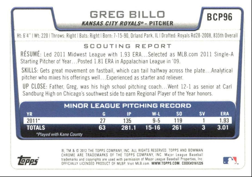 2012 Bowman Chrome Prospects Greg Billo Kansas City Royals #BCP96