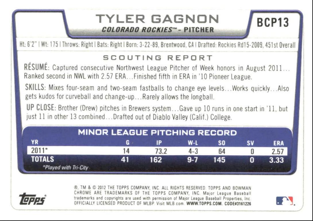 2012 Bowman Chrome Prospects Tyler Gagnon Colorado Rockies #BCP13