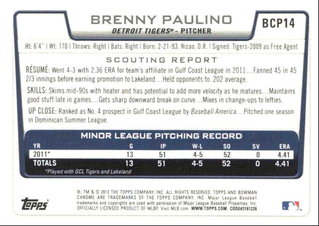 2012 Bowman Chrome Prospects Brenny Paulino Detroit Tigers #BCP14