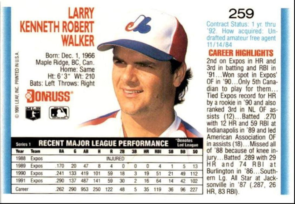 1992 Donruss Larry Walker Montreal Expos #259