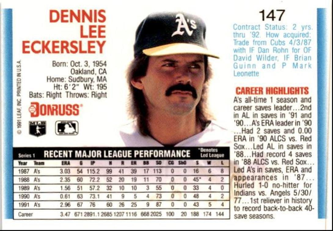 1992 Donruss Dennis Eckersley Oakland Athletics #5
