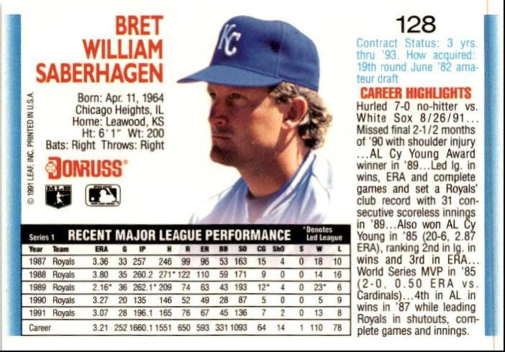 1992 Donruss Bret Saberhagen Kansas City Royals #128