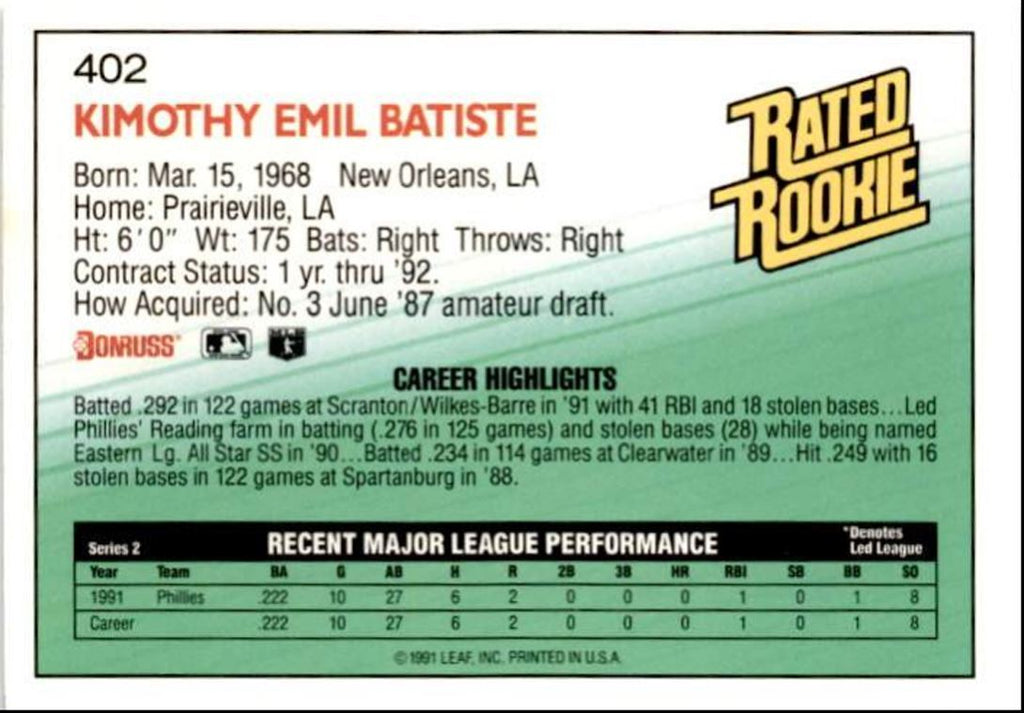 1992 Donruss Kim Batiste Philadelphia Phillies #402