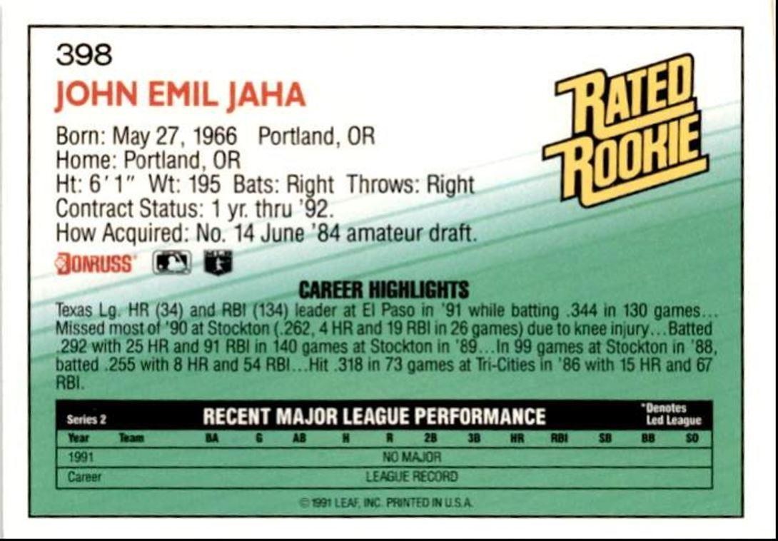 1992 Donruss John Jaha Rookie Milwaukee Brewers #398