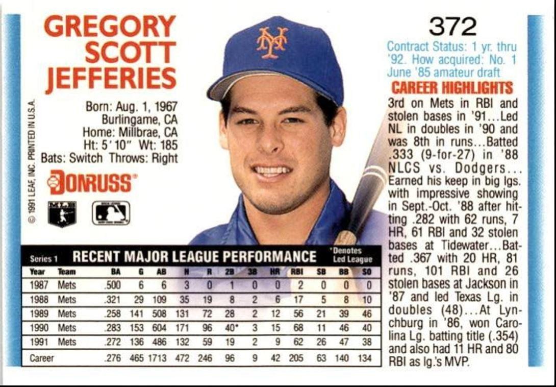 1992 Donruss Gregg Jefferies New York Mets #372